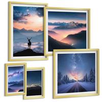 BILDER SET 5er Set - 50x50 cm & 20x30 cm & 40x60 cm Goldrahmen - Nachthimmel Berge Nebel Hirsch - Goldfarben, Kunststoff (40/60cm) - TULUP