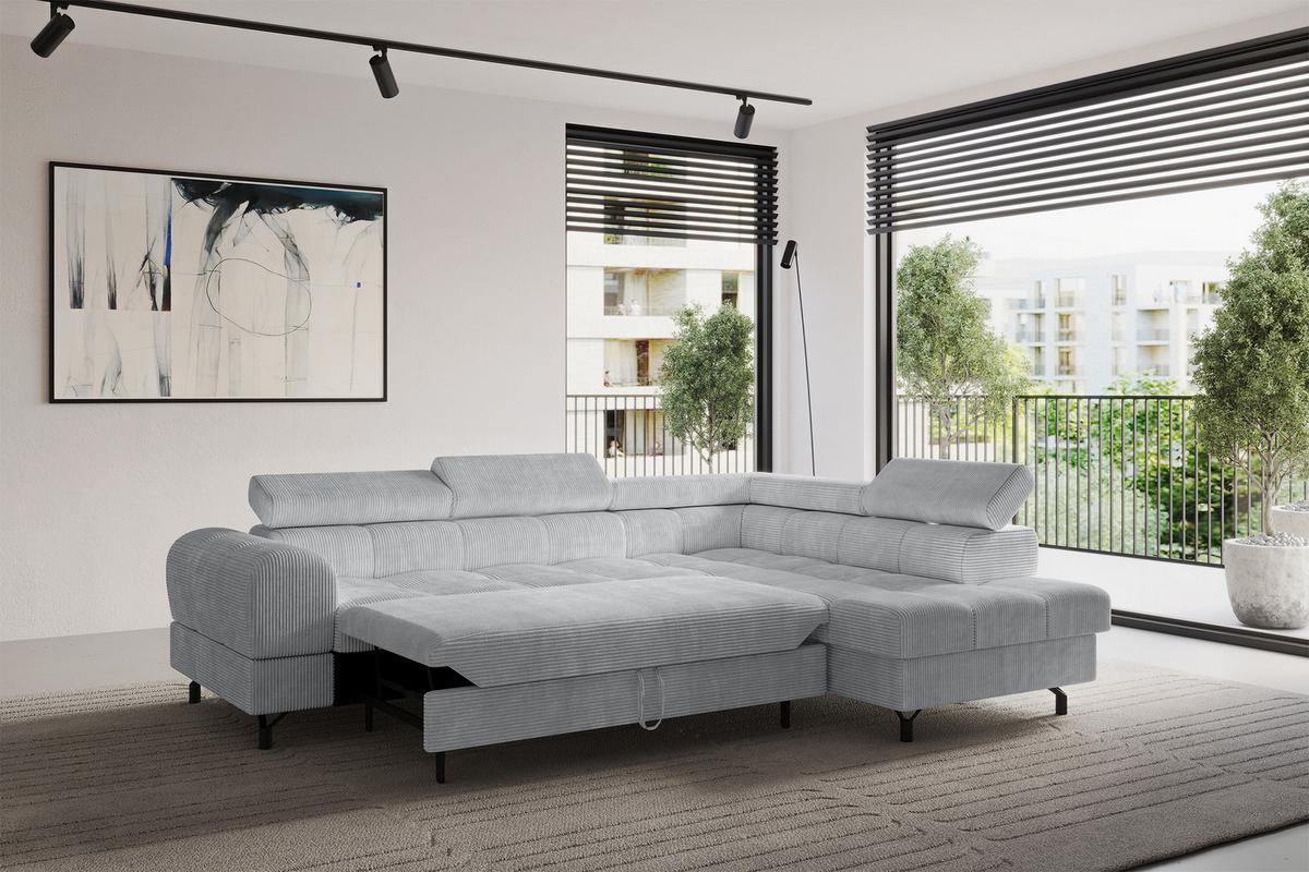 ECKSOFA mit Schlaffunktion Ottomane Rechts LUMA-L 272x203x70 Grau Cord - Schwarz/Grau, Holzwerkstoff/Kunststoff (203/272cm) - ALTDECOR