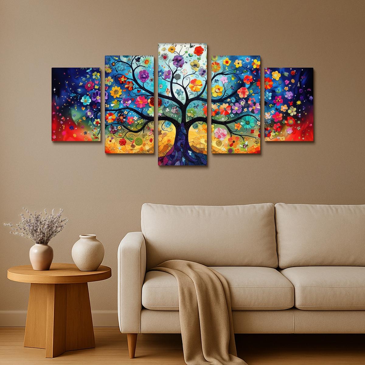 LEINWANDBILD 5er Set Bunt - Baum des Lebens - Blumen - Abstrakt 100x50 cm - Blau, Textil (100/50cm) - MuchoWow