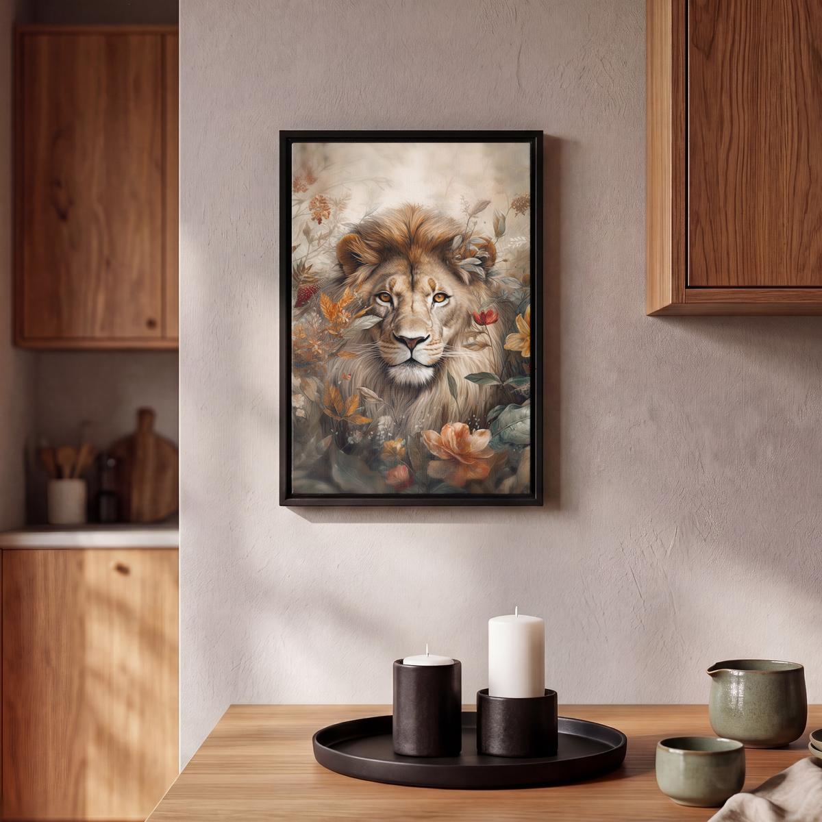 LEINWAND Bilder mit Rahmen - Löwe - Wildtiere - Pflanzen - Natur - Blumen - 20x30 - Beige, Textil (20/30cm) - MuchoWow