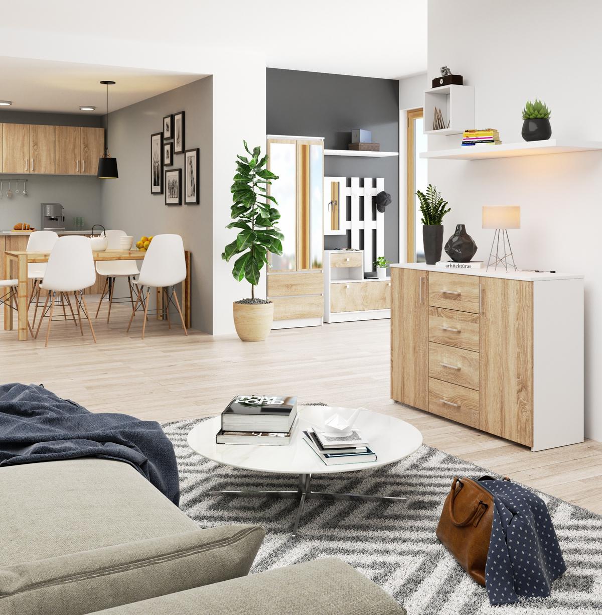KOMMODE Weiß, Eiche Sonoma 80/110/35 - Weiß, Holzwerkstoff (110/80/35cm) - RAUMHIRSCH FURNITURE