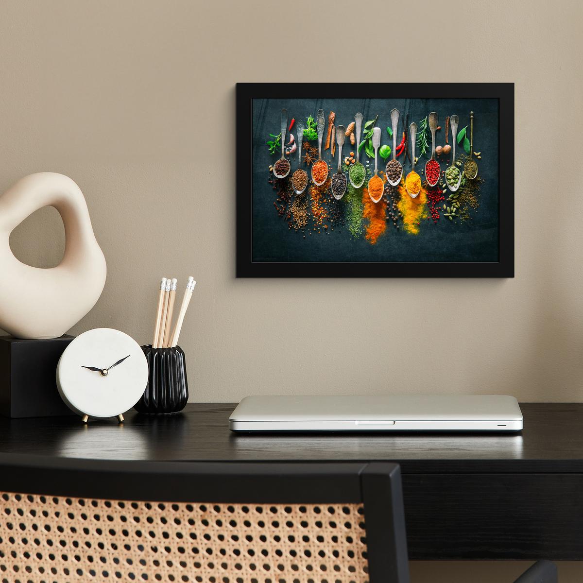 POSTER MIT RAHMENGERAHMTES BILD Kräuter - Gewürze - Löffel 30x20 cm - Currygelb, Papier (30/20cm) - MuchoWow
