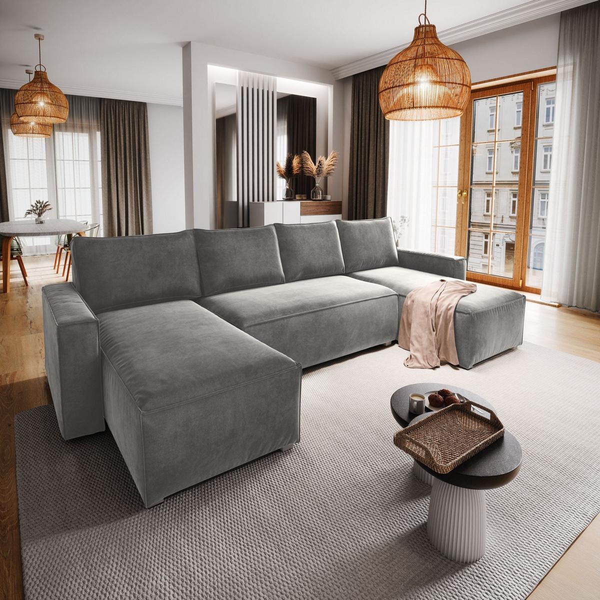 WOHNLANDSCHAFT DENI Hellgrau Velours-Stoff mit Schlaffunktion - Hellgrau/Grau, Holz/Kunststoff (295/85/140cm) - MASSENO