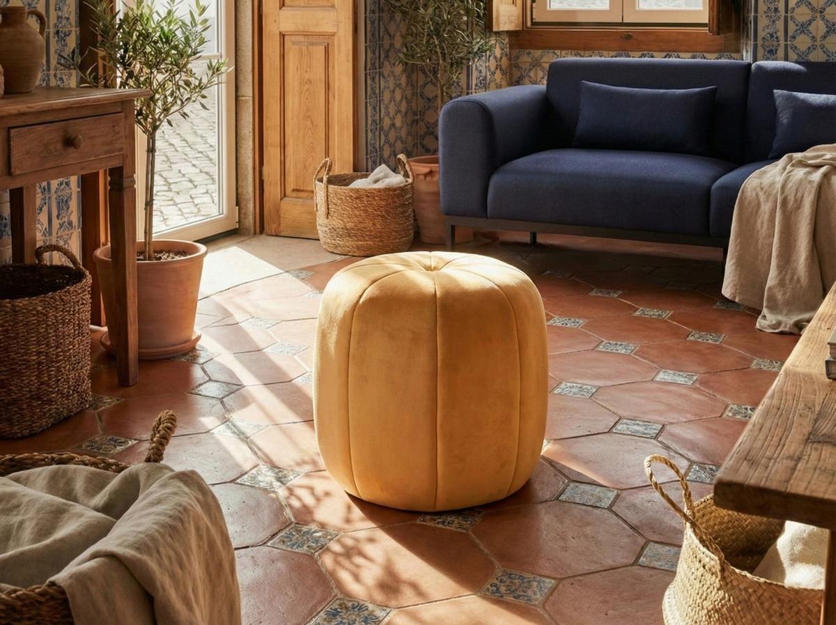 POUF Samtstoff Senfgelb Selby - Gelb, Textil (40/46/40cm) - Beliani