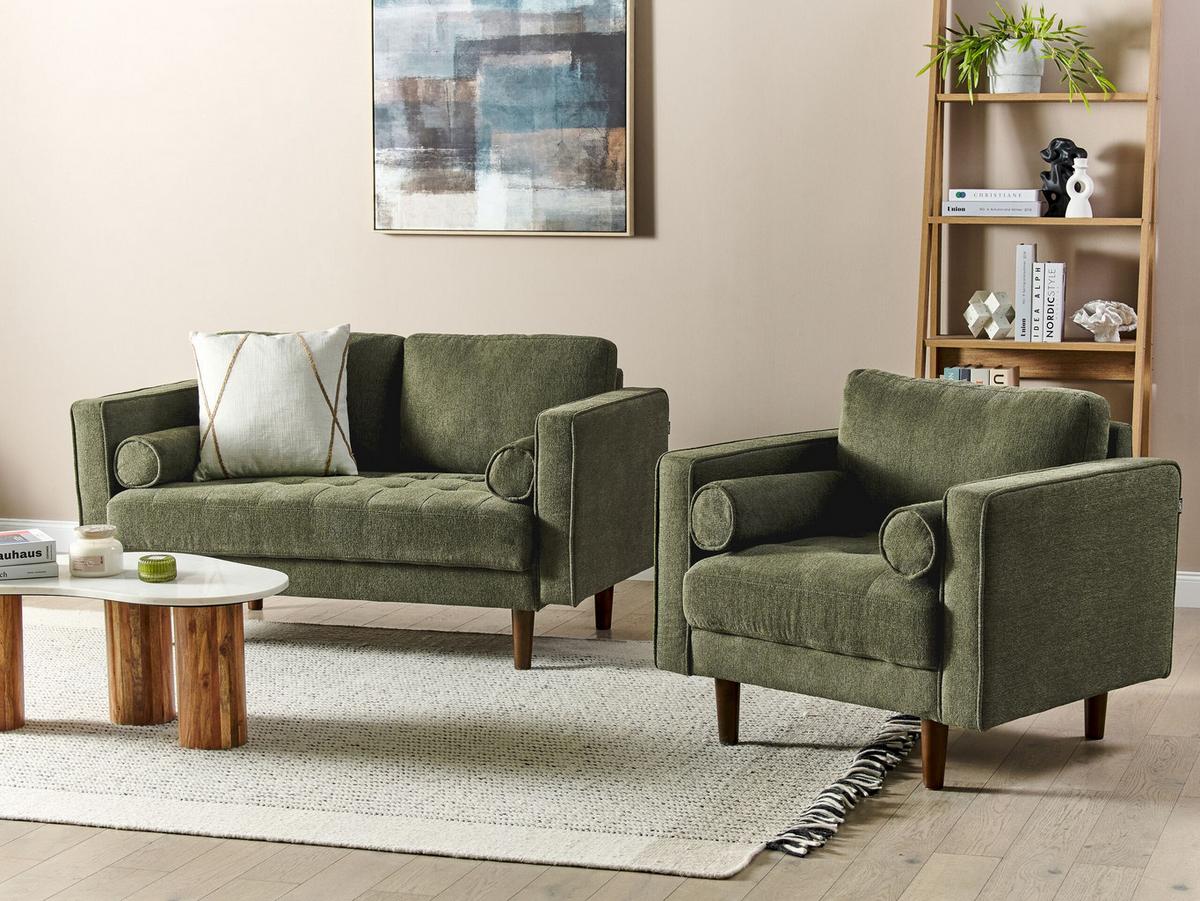 2-SITZER-SOFA Set mit Sessel dunkelgrün Nurmo - Dunkelbraun/Grün, Textil (74/78/140cm) - Beliani