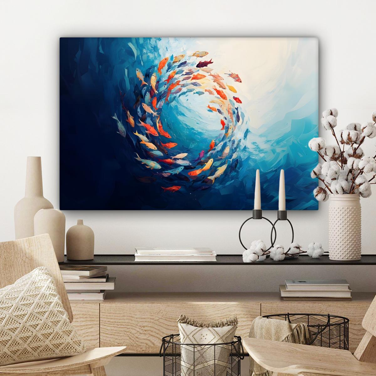 LEINWANDBILD Meer - Fische - Bunt - Dynamisch Wanddeko 90x60 cm - Hellblau, Textil (90/60cm) - MuchoWow