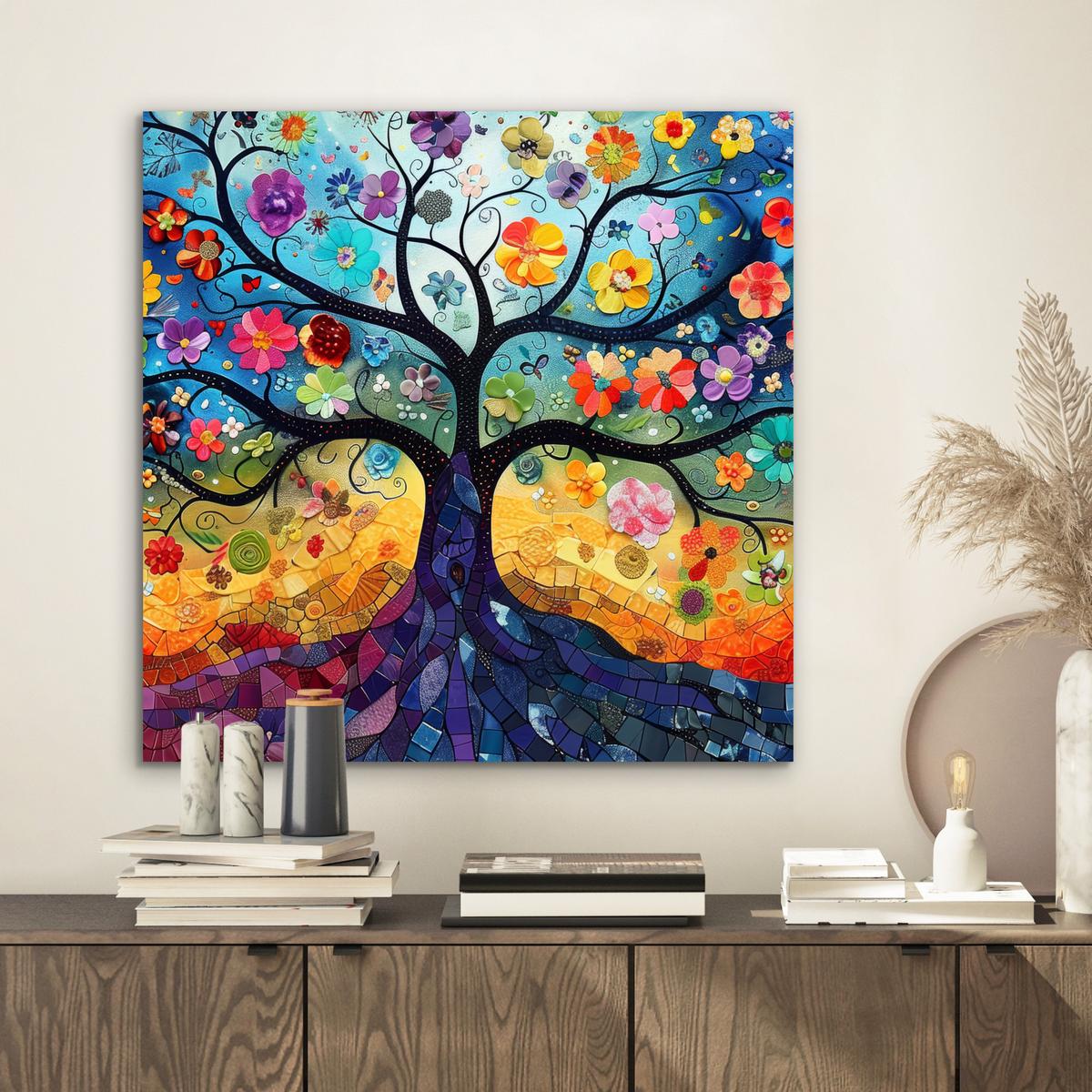 METALLBILD Kunst - Baum des Lebens - Blumen - Hippie 50x50 cm - Dunkelblau, Metall (50/50cm) - MuchoWow