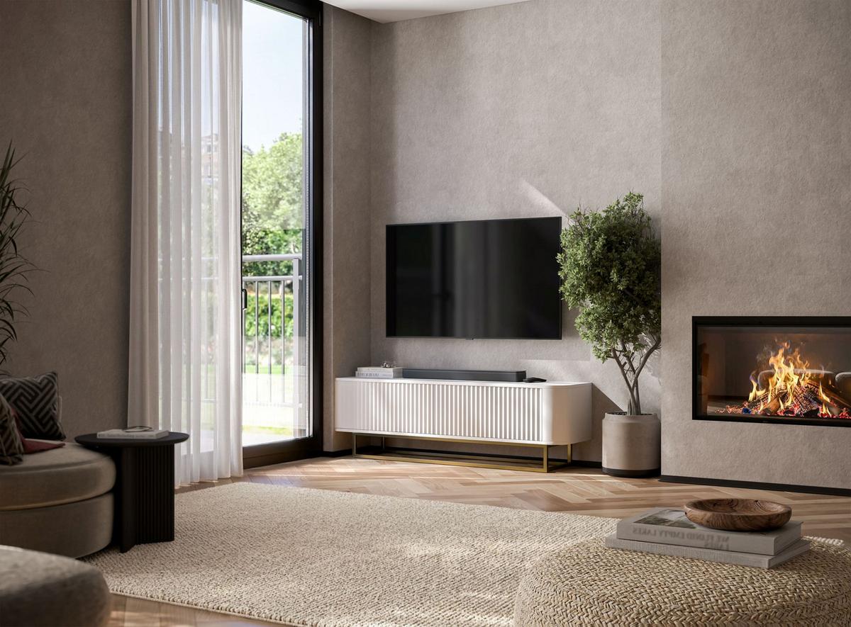 TV-LOWBOARD Aurora in Weiß matt 140 cm mit goldenem Metallrahmen - Schwarz/Weiß, Holzwerkstoff/Metall (140/44/35cm) - Meble Lindner