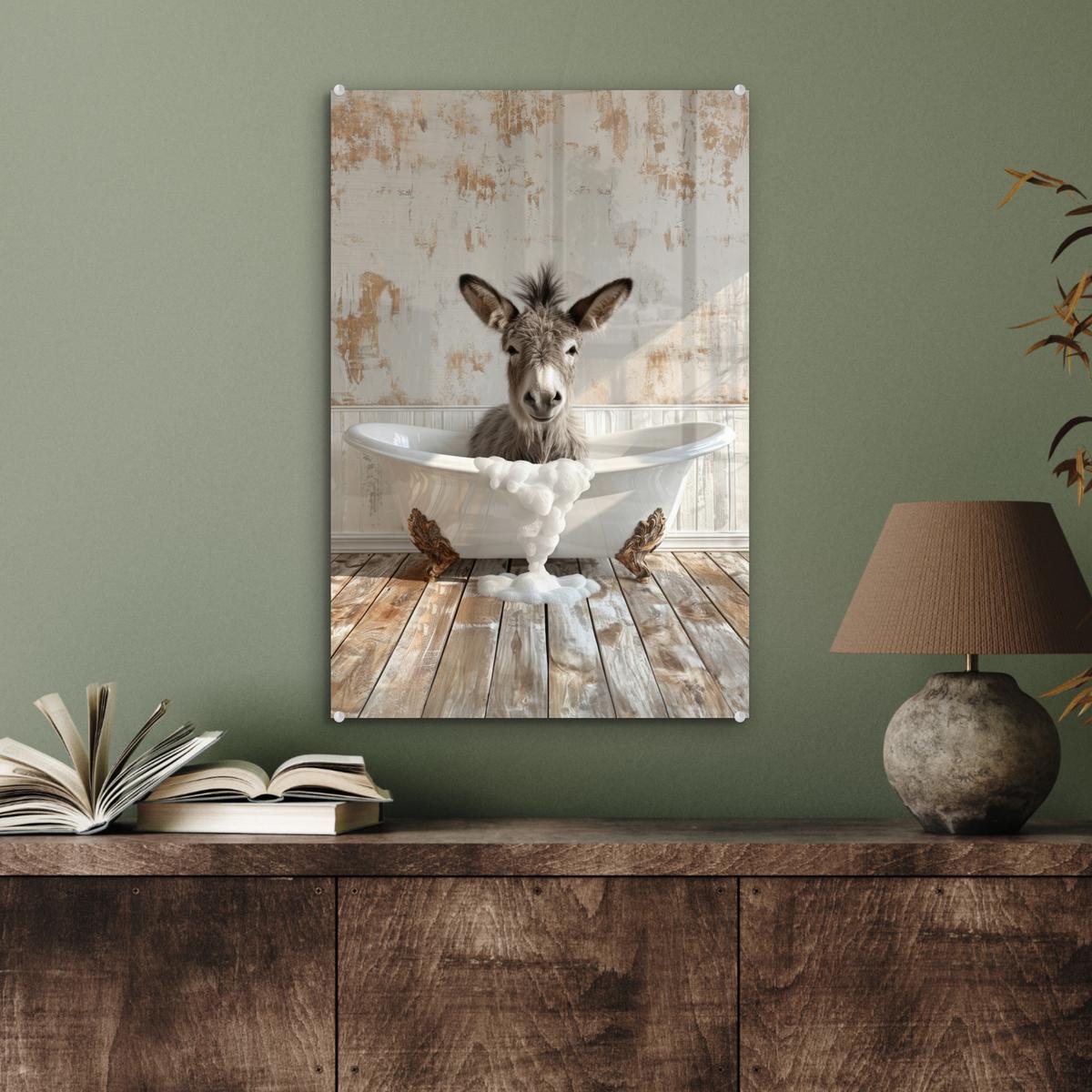 ACRYLGLASBILD Esel - Tiere - Badewanne - Schaumstoff Wanddeko Wohnzimmer 40x60 cm - Weiß, Glas (40/60cm) - MuchoWow
