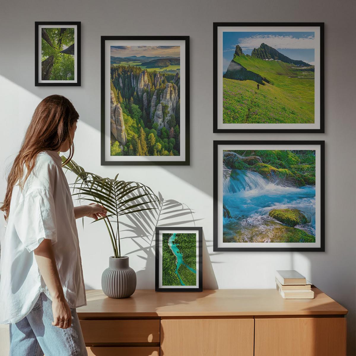 BILDER SET 5er Set - 50x50 cm & 20x30 cm & 40x60 cm Schwarzer Rahmen - Wasserfälle grüner Wald Wasser - Schwarz, Kunststoff (40/60cm) - TULUP