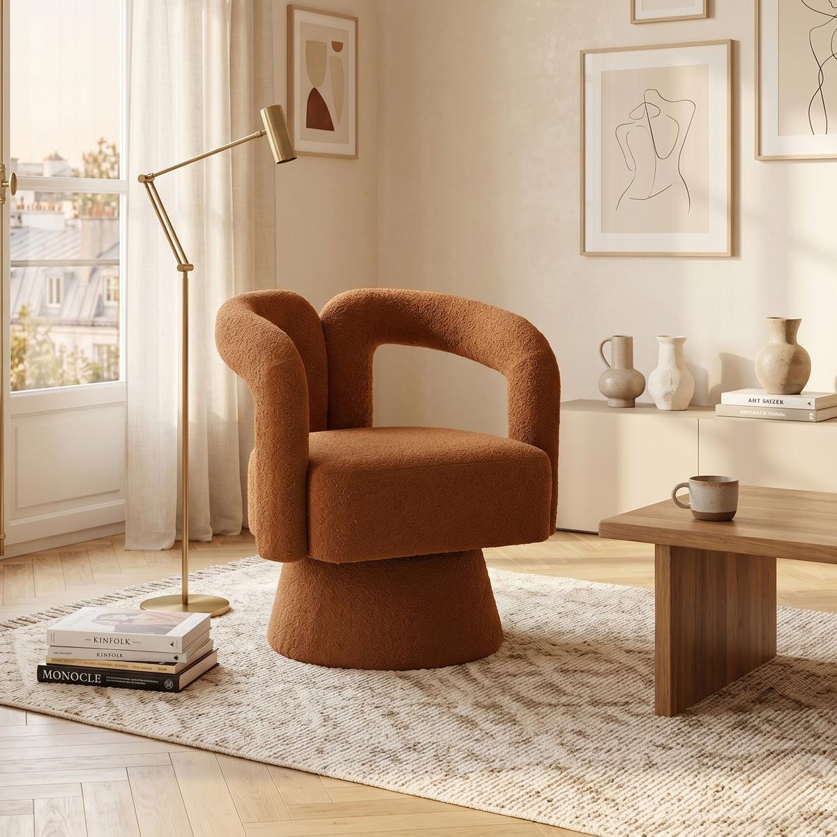 DREHSESSEL 360° Boucle Akzentstuhl Polstersessel für Wohnzimmer & Büro - Orange, Textil (67/74/55cm) - Urban Meuble