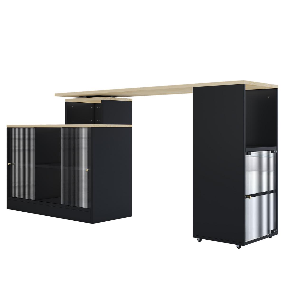 KÜCHENINSEL ausziehbar 170 cm Schwarz – Drehbare Barinsel mit Glas-Schiebetüren & Stauraum - Schwarz, Holzwerkstoff (115/60/100cm) - Urban Meuble
