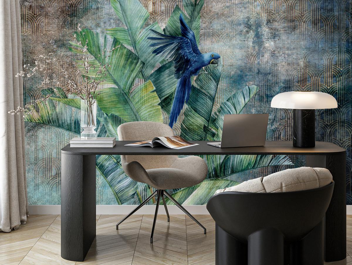 FOTOTAPETE für Wohnzimmer Retro Papuga Tropische Blätter 500x350 - Blau/Braun, Papier (500/350cm) - Muralo