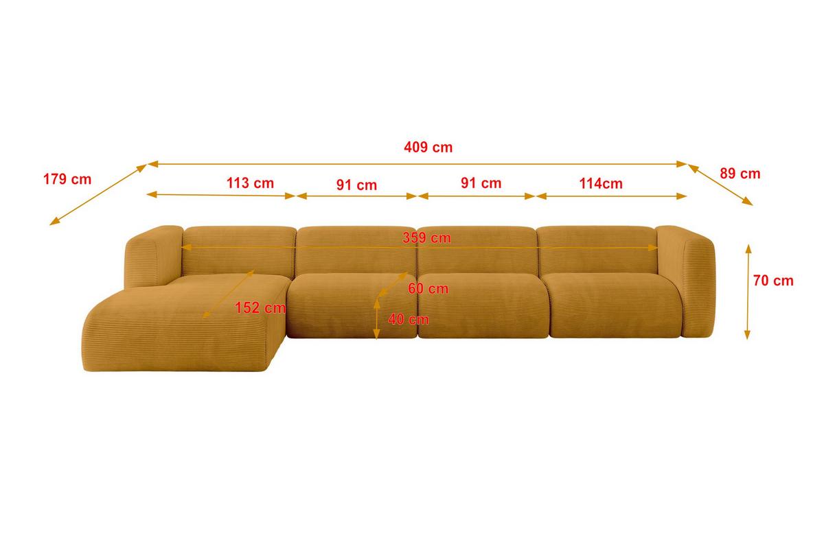 ECKSOFA Ottomane Links MIRA-L3 409x179x70 Senfgelb Cord - Currygelb/Schwarz, Holzwerkstoff/Kunststoff (409/179cm) - ALTDECOR