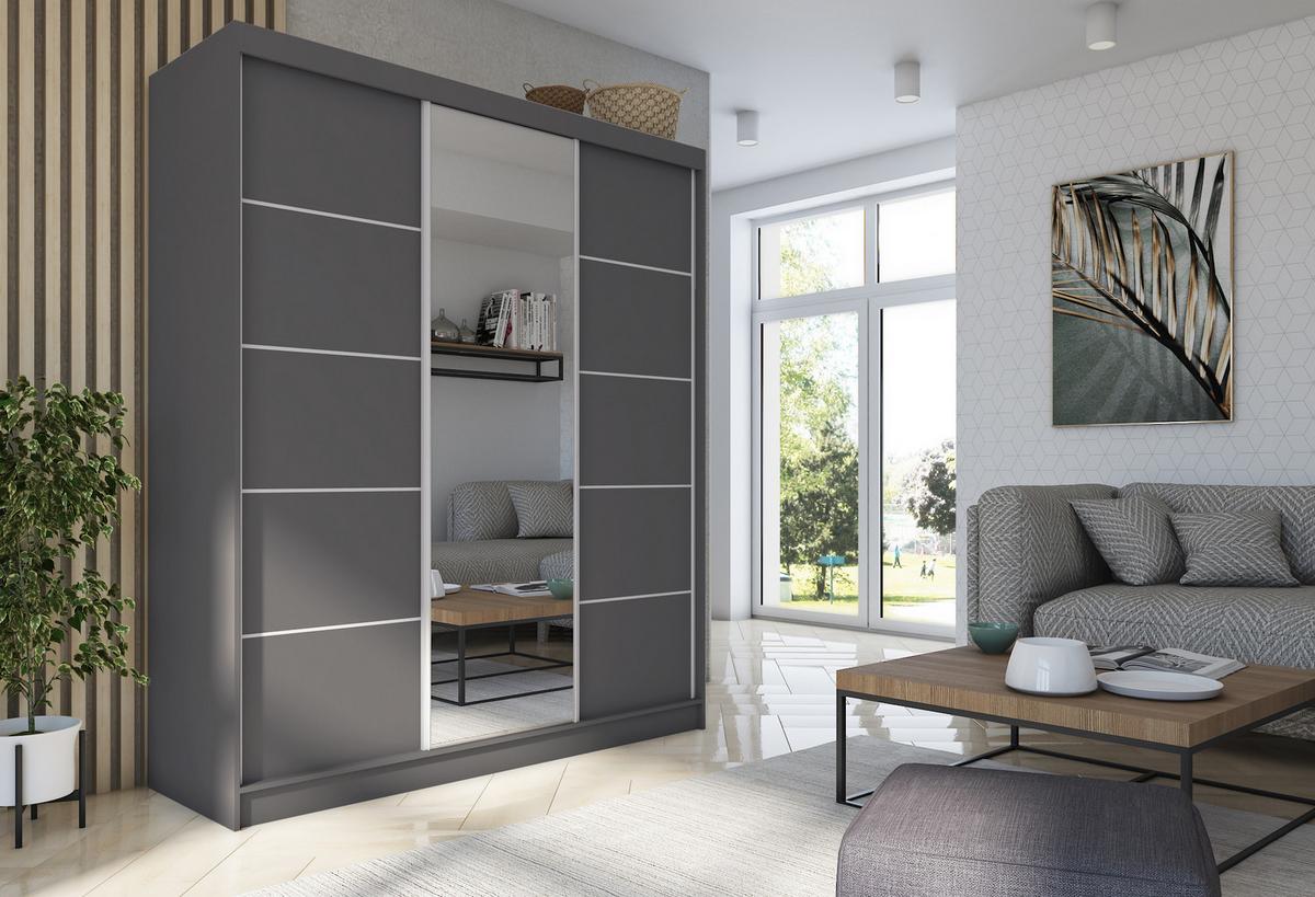 SCHWEBETÜRENSCHRANK MIRELLA 180/216/61 cm 3-türig mit Spiegel Grau - Grau, Holzwerkstoff (180/216/61cm) - MASSENO