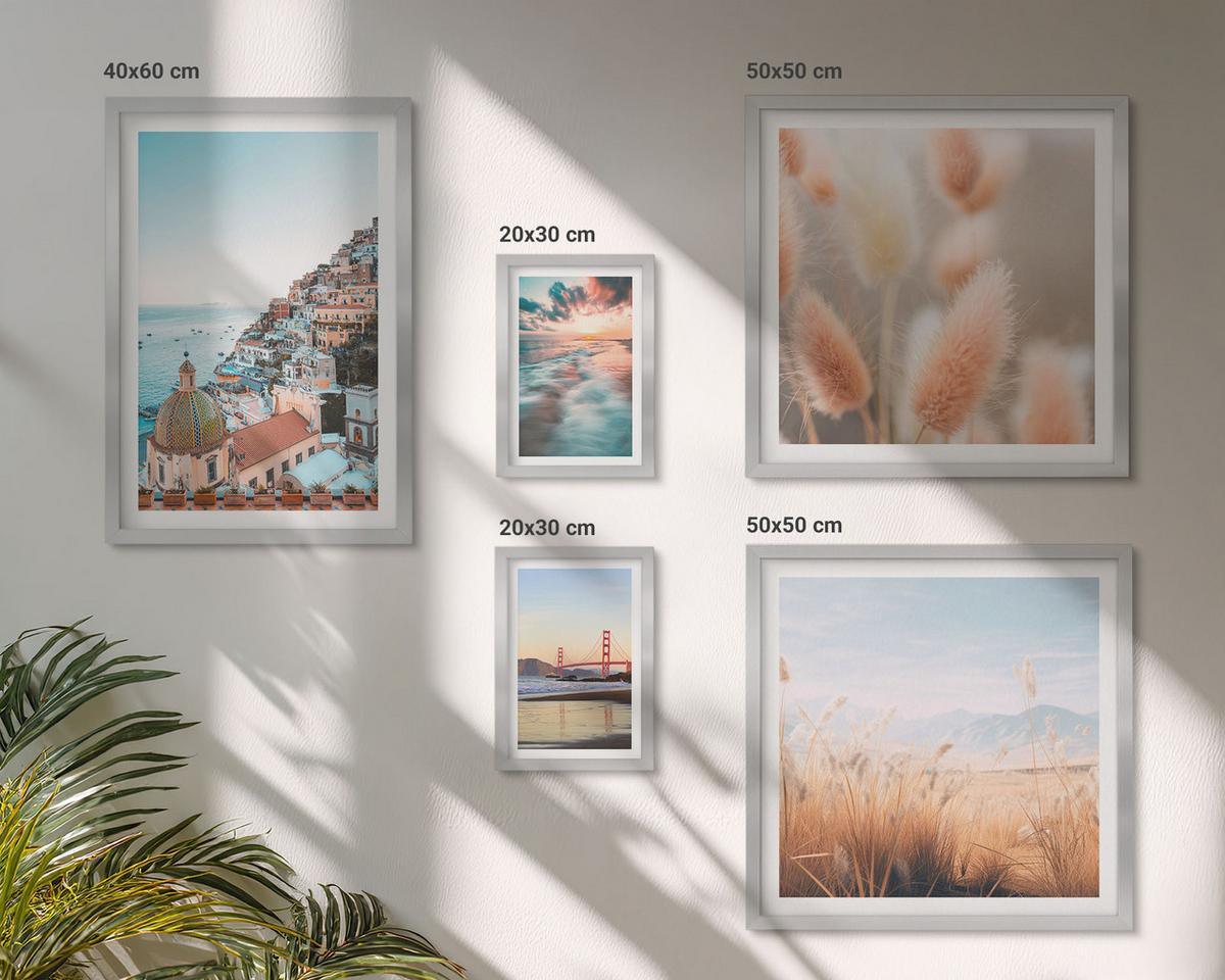 BILDER SET 5er Set - 50x50 cm & 20x30 cm & 40x60 cm Silberner Rahmen - Sonnenuntergang am Meer, Häuser, Blumen - Silberfarben, Kunststoff (40/60cm) - TULUP