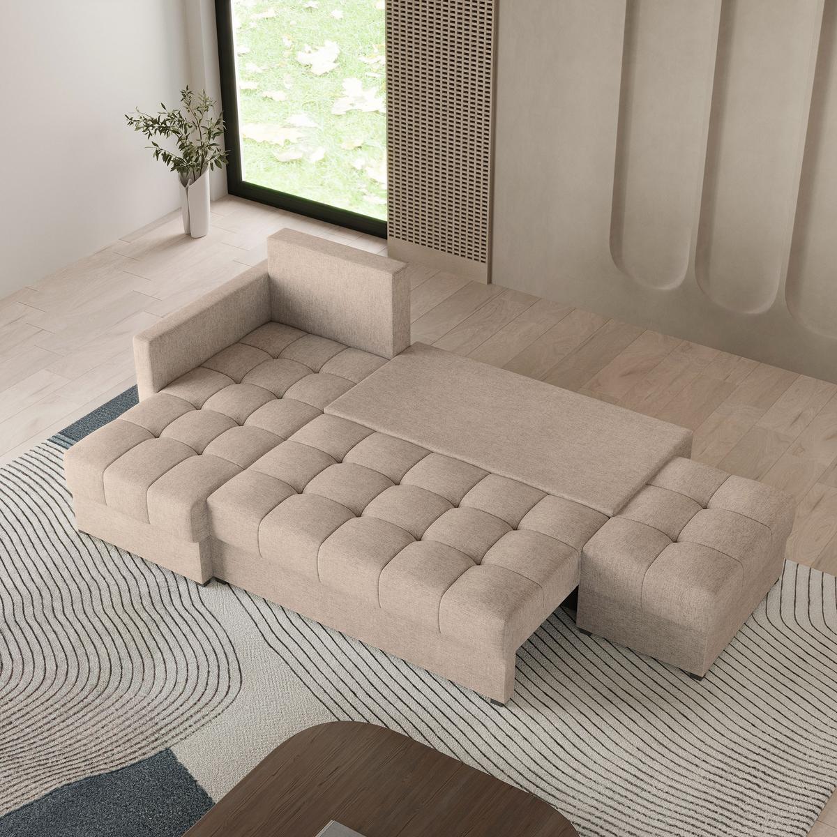 ECKSOFA LUMARI L-S Beige Plüsch-Stoff mit Schlaffunktion - Beige, Holz (262/143cm) - MASSENO