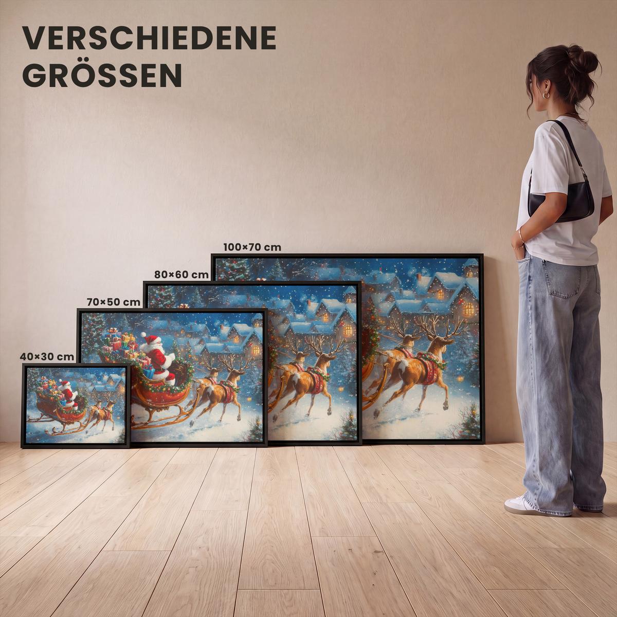 LEINWAND Bilder mit Rahmen - Weihnachtsmann - Rentier - Weihnachten - Schnee - 80x60 - Cognac, Textil (80/60cm) - MuchoWow