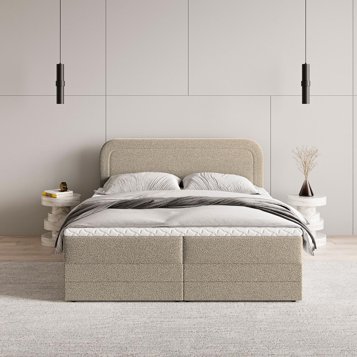 BOXBETT ARMEL 180x200 cm mit Matratze und Topper - Beige - Beige, Holz (180/200cm) - MASSENO