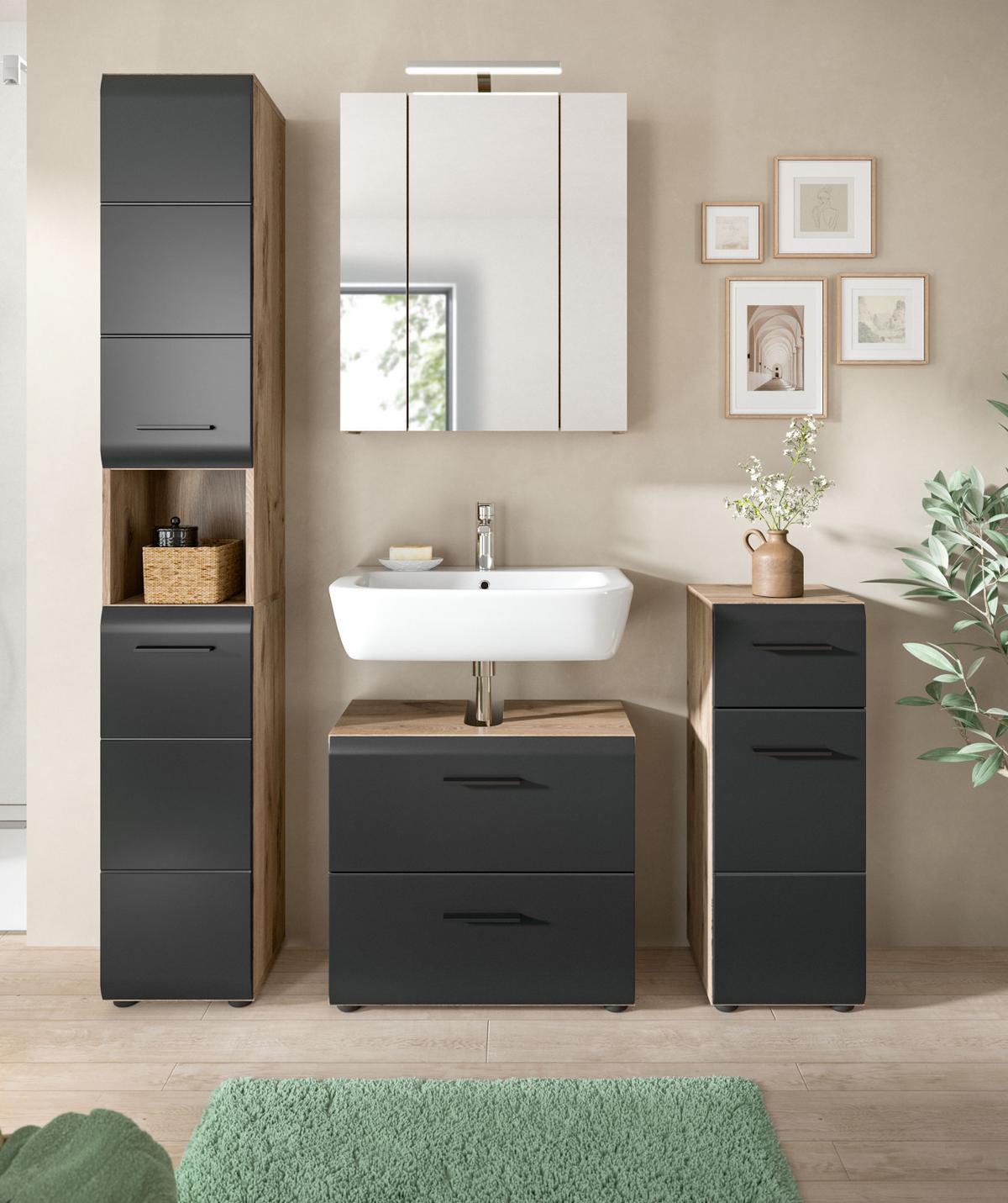 WASCHBECKENUNTERSCHRANK Schwarz matt, Eiche 60 cm, Unterschrank mit Schubladen - Eichefarben/Schwarz, Holzwerkstoff/Kunststoff (60/54/30cm) - Inn.Furn