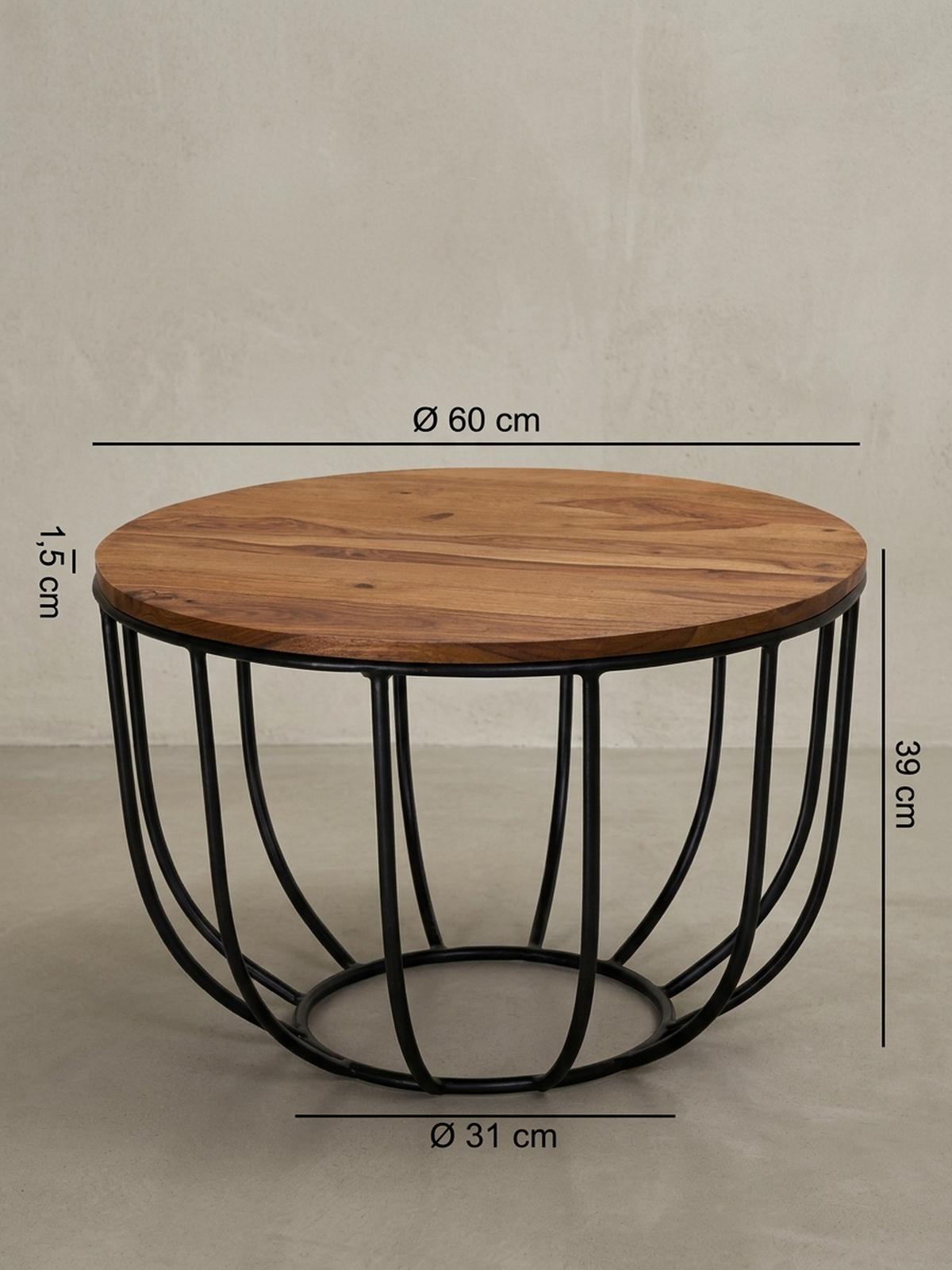 COUCHTISCH in Industrial-Stil, Sheesham Massivholz, Metallgestell, Korbdesign, Rustikal - Schwarz/Braun, Holz/Metall (60/60/39cm) - KADIMA DESIGN