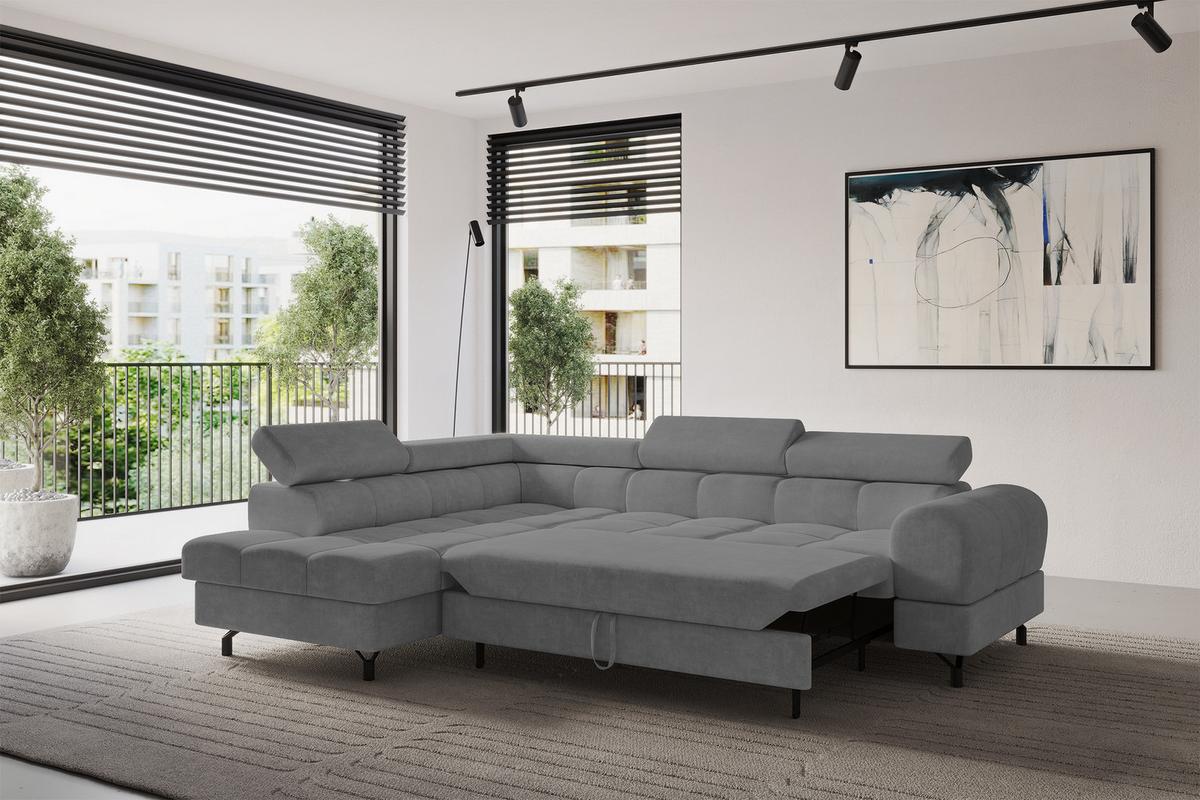 ECKSOFA mit Schlaffunktion Ottomane Links LUMA-L 272x203x70 Grau Velours - Schwarz/Grau, Holzwerkstoff/Kunststoff (272/203cm) - ALTDECOR
