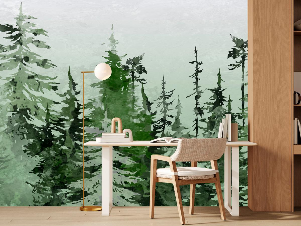 FOTOTAPETE für Schlafzimmer Grüner Nadelwald Aquarell Bäume Natur Landschaft 100x70 - Weiß/Grau, Papier (100/70cm) - Muralo