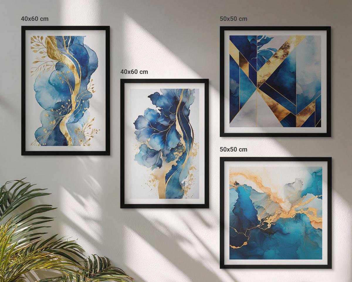 BILDER SET 4er Set - 50x50 cm & 40x60 cm Schwarzer Rahmen - Blaue abstrakte Muster - Schwarz, Kunststoff (50/50cm) - TULUP
