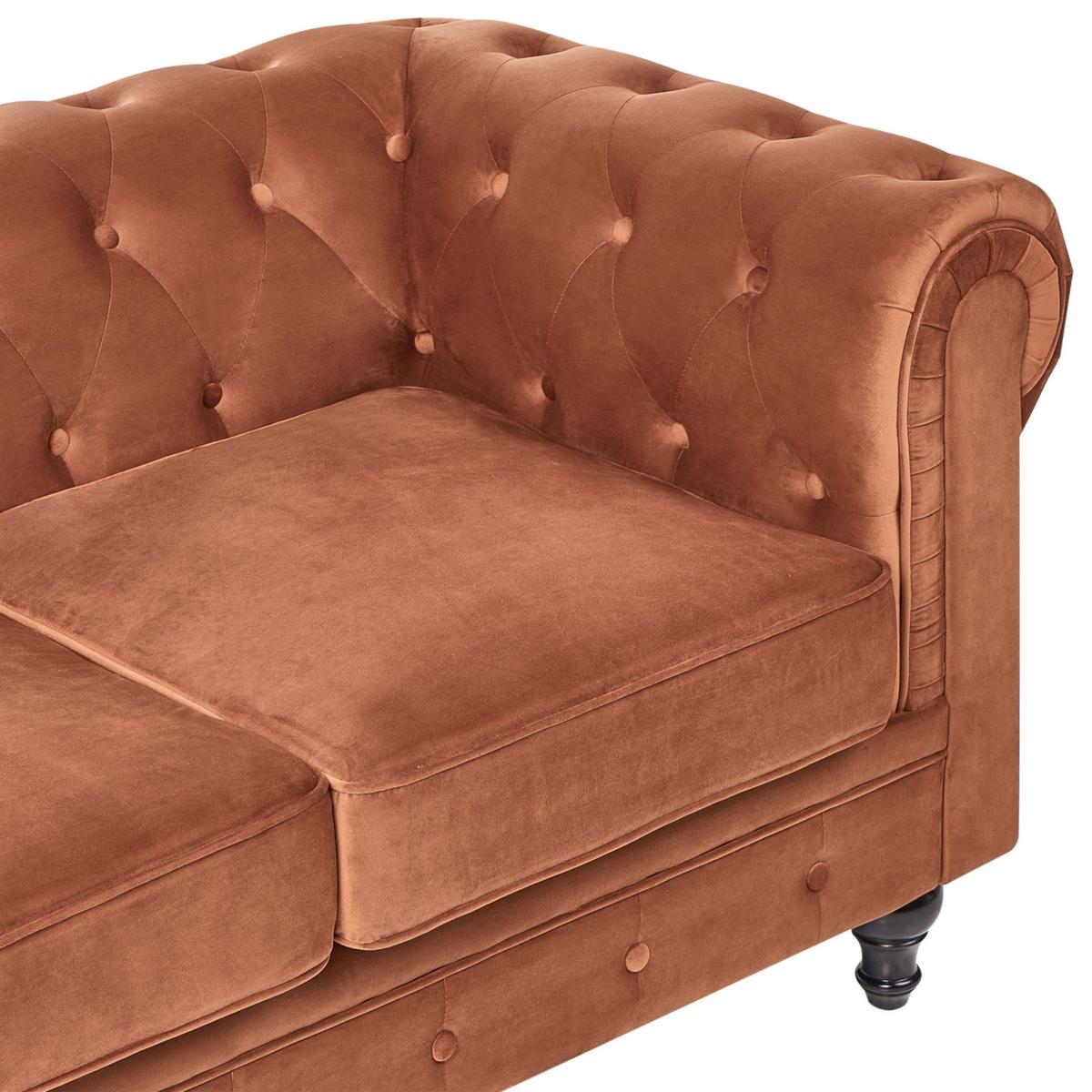 3-SITZER-SOFA Samtstoff Goldbraun Chesterfield - Goldfarben/Braun, Textil (201/70/75cm) - Beliani