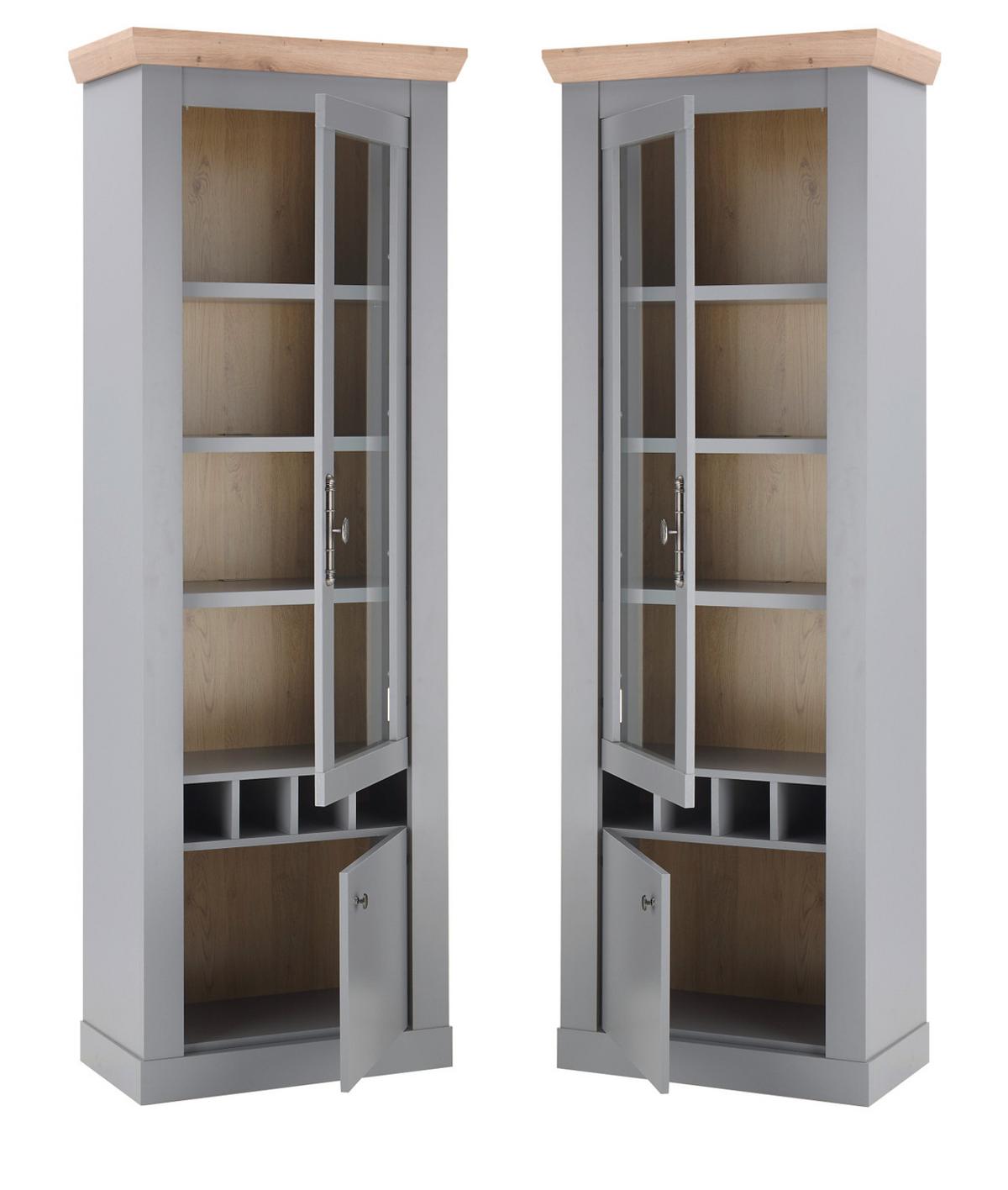 VITRINE grau, Artisan Eiche Landhaus 71 cm, Vitrinenschrank mit Weinregal - Silberfarben/Hellgrau, Glas/Holzwerkstoff (71/201/37cm) - Furn.Design