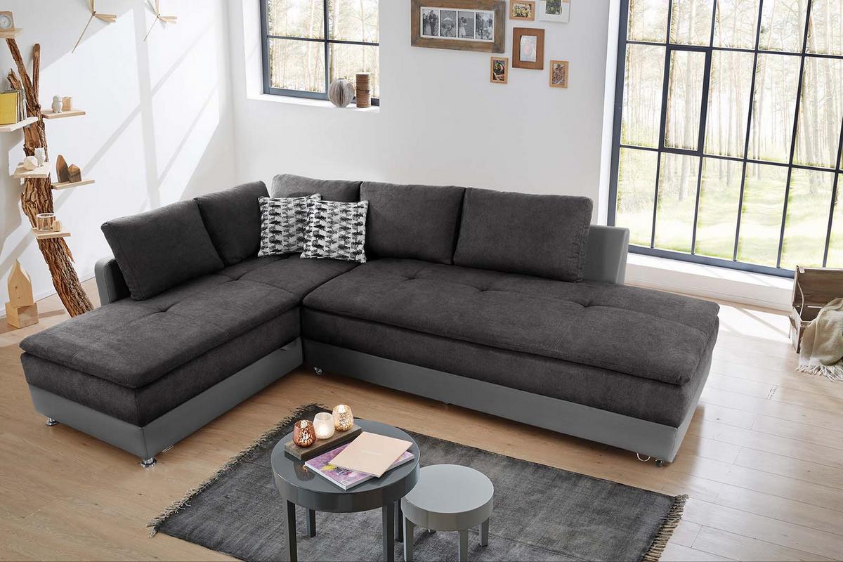 ECKSOFA-DAUERSCHLÄFER Doppelbett Boxspring Federkern Topper, Schwenkteil rechts B306/T223/H95 cm, Kunstleder Grau+Mikrofaser Anthrazit / 15106 - Chromfarben/Anthrazit, Kunststoff/Textil (306/223cm) - luma-home