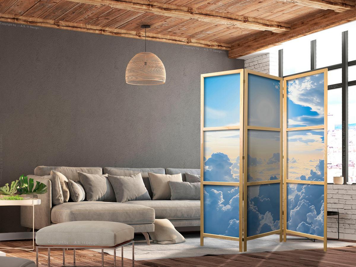 PARAVENT Japanischer 3-tlg 135x172 cm Wolken Und Sonne - Blau, Holz/Textil (135/172/3cm) - Muralo