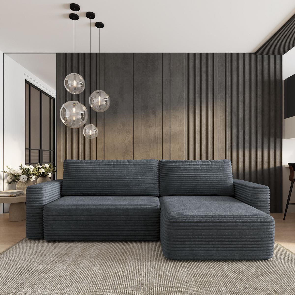ECKSOFA TELIN Grau Kordstoff mit Schlaffunktion - Grau, Holz (280/162cm) - MASSENO