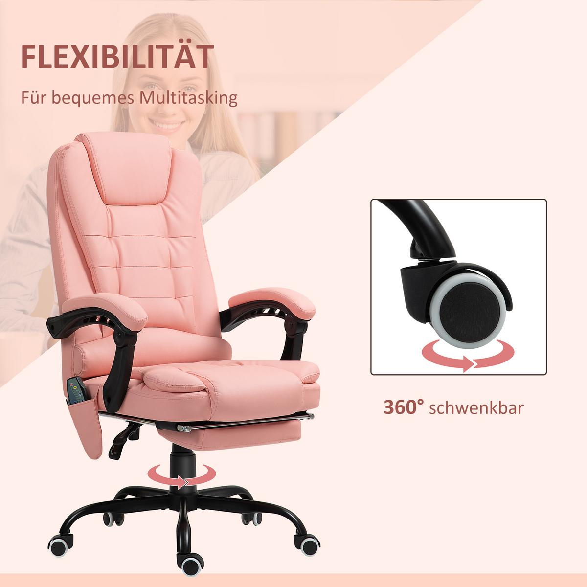 CHEFSESSEL mit 7 Punkt Massage, ergonomischer Gaming Sessel mit Liegefunktion - Schwarz/Rosa, Kunststoff/Metall (67/121/79cm) - Vinsetto