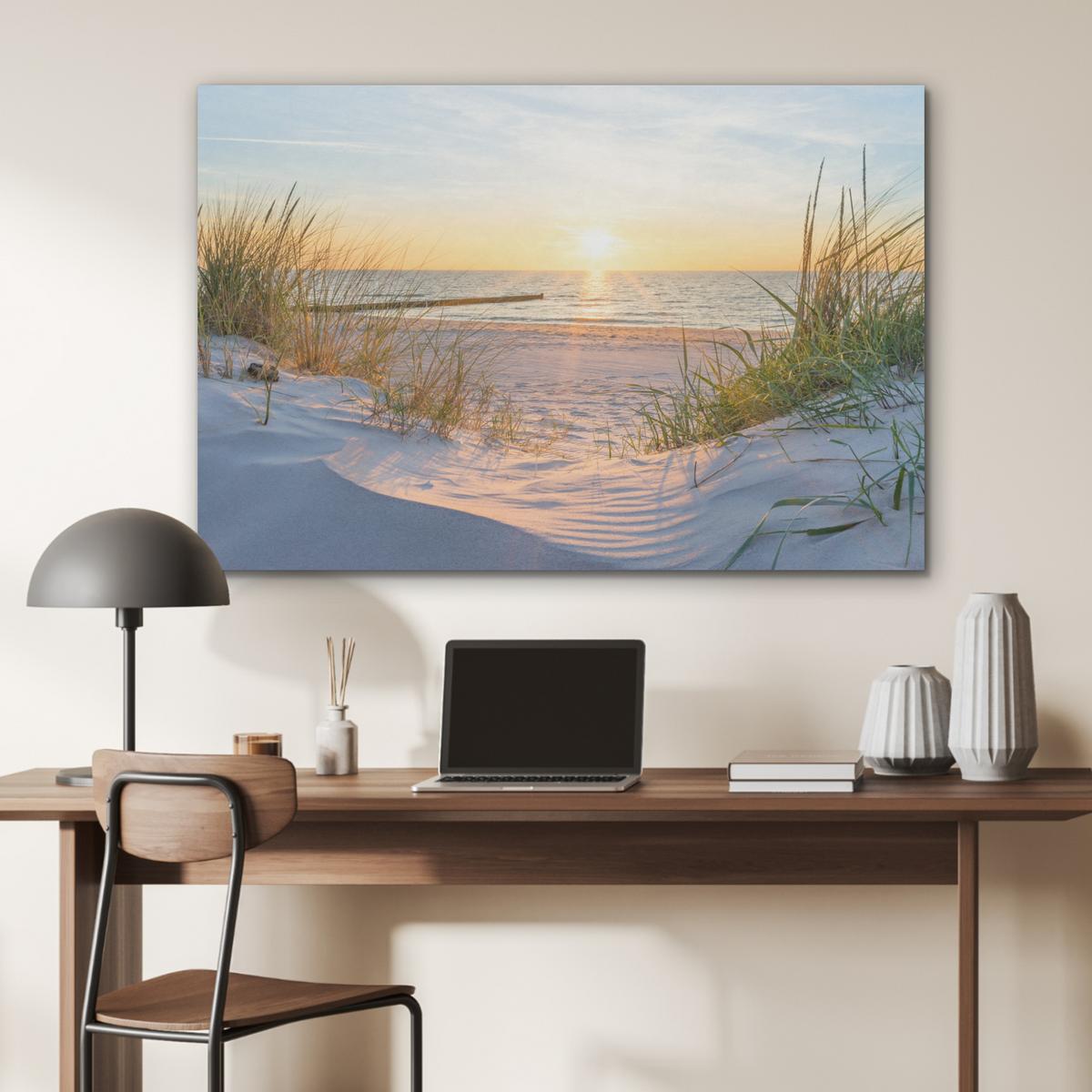 AKUSTIKBILD Strand - Sonne - Düne - Gras - Sand - Horizont Wandbild Wohnzimmer 100x70 cm - Hellblau, Kunststoff (100/70/0.9cm) - MuchoWow