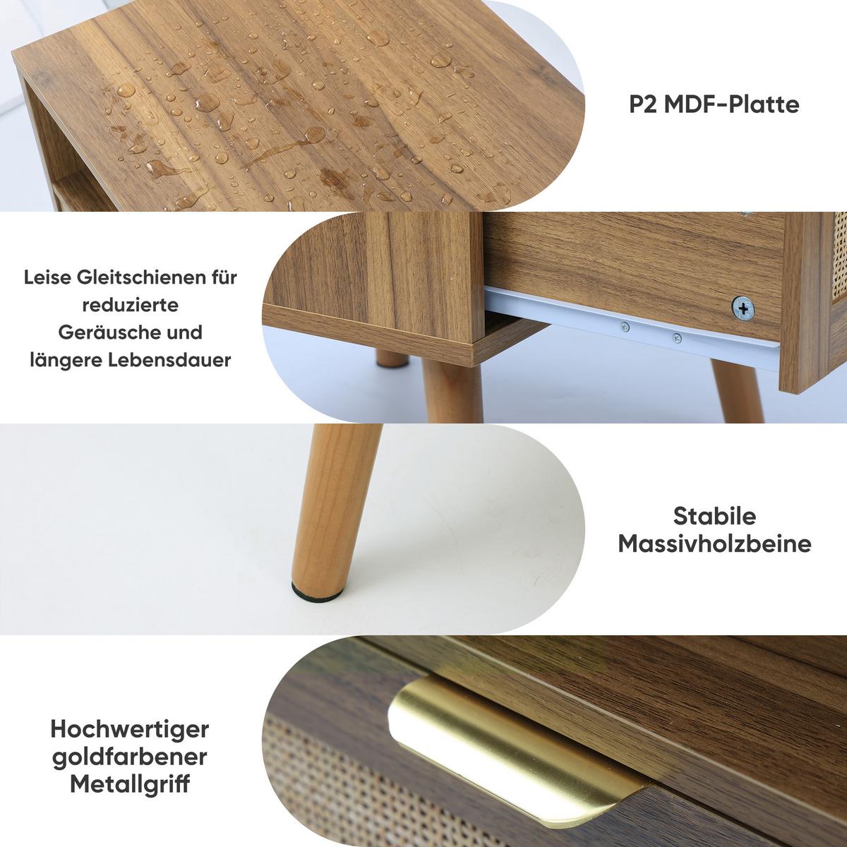 NACHTTISCH Rattan Walnussoptik Boho Mid-Century mit 1 Schublade & Regal - Walnussfarben, Holzwerkstoff (45/55/40cm) - Urban Meuble