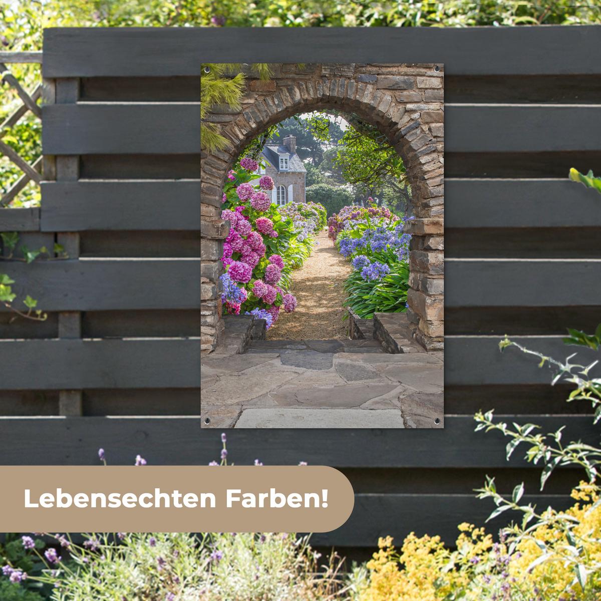 GARTENPOSTER Blumen - Guck-guck - Hortensie - Sommer Outdoor Bilder 80x120 cm - Braun, Kunststoff (80/120/0.2cm) - OnlyWow