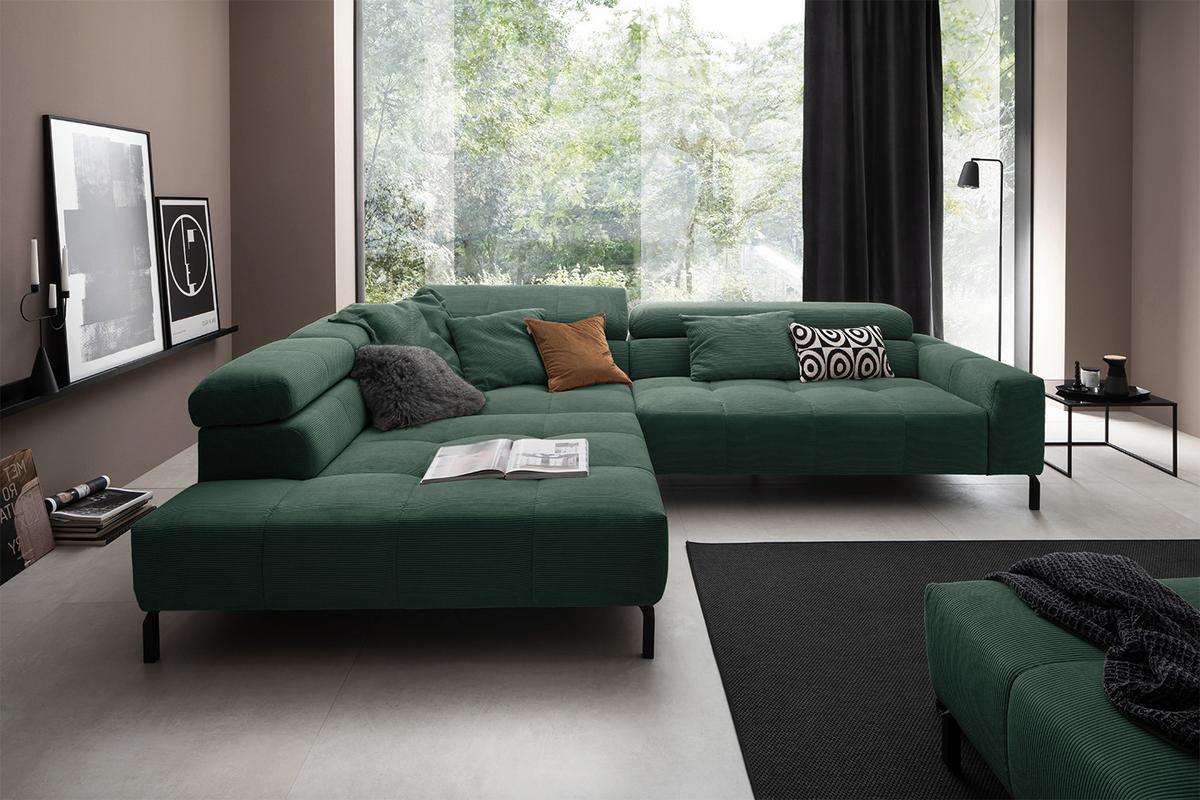 ECKSOFA OHIO Smaragdgrün Cord - Smaragdgrün/Schwarz, Textil/Metall (311/219cm) - KAWOLA