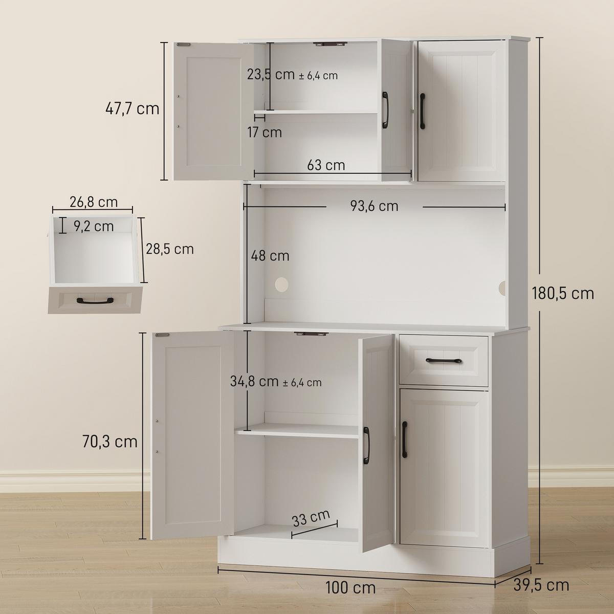 KÜCHENSCHRANK Buffetschrank mit Arbeitsplatte Verstellbaren Regalen 6 Türen - Schwarz/Weiß, Holzwerkstoff/Metall (39.5/180.5/100cm) - HOMCOM