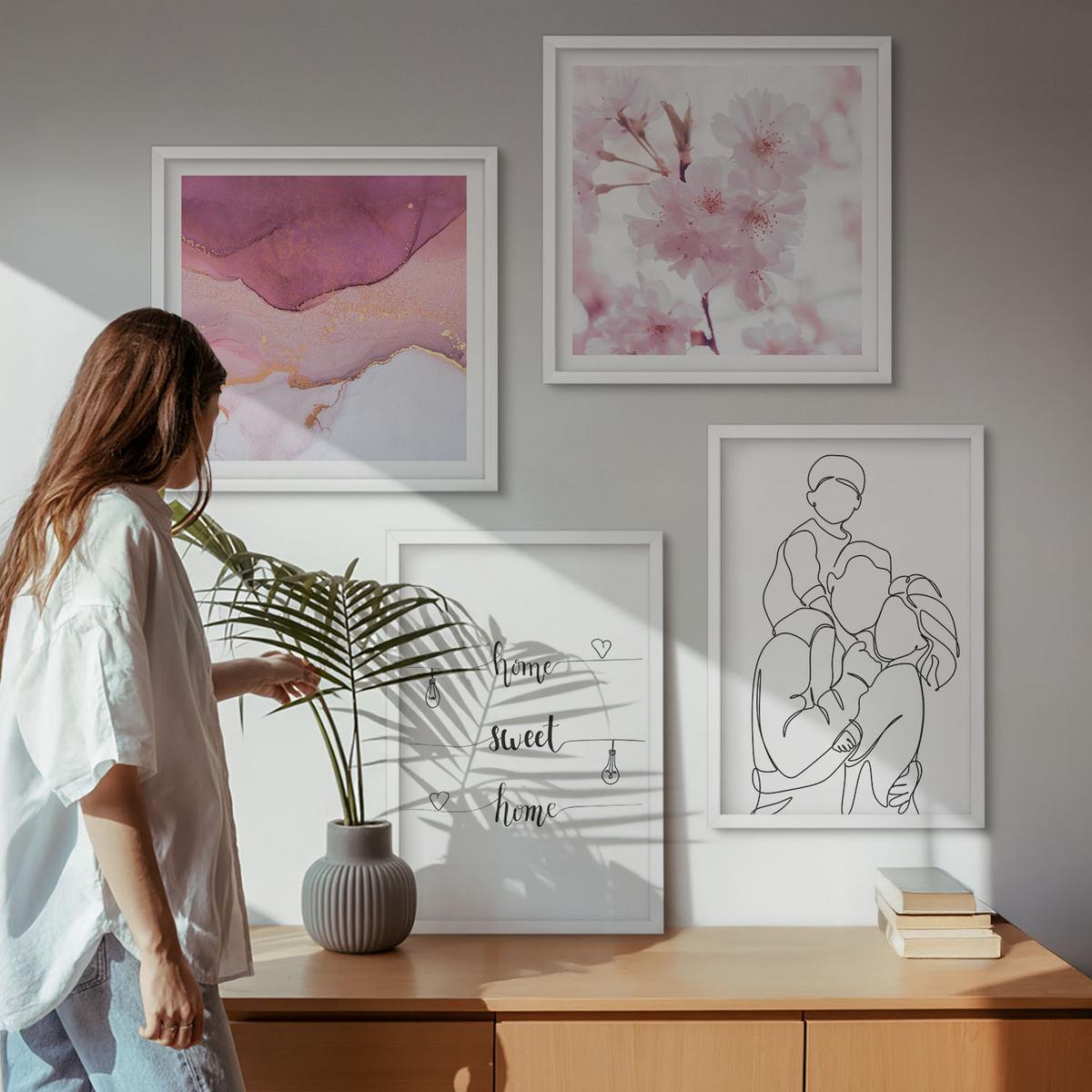 BILDER SET 4er Set - 50x50 cm & 40x60 cm Weißer Rahmen - Blumenfamilie minimalistisch - Weiß, Kunststoff (50/50cm) - TULUP