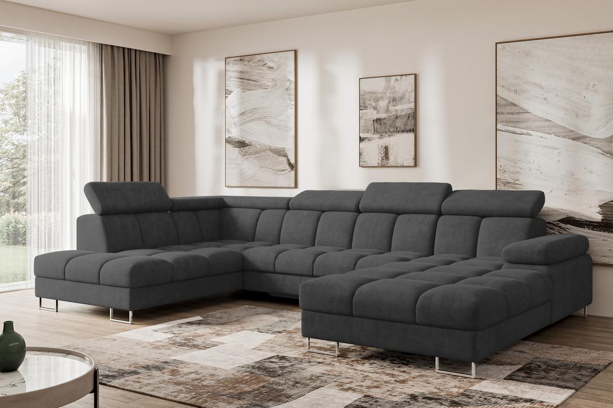 WOHNLANDSCHAFT mit Schlaffunktion und Bettkasten Ottomane Links COMA U 345x203x79 Dunkelgrau Velours - Dunkelgrau, Holzwerkstoff/Textil (345/79/203cm) - ALTDECOR