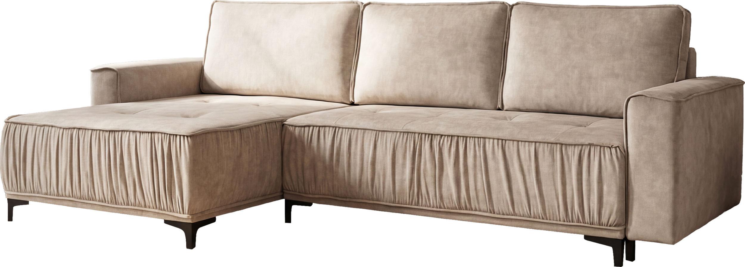 ECKSOFA Velora mit Schlaffunktion & Stauraum, Universell Rechts/Links, Beige Samt 270/92/150 cm - Ecru/Schwarz, Textil/Metall (270/150cm) - WFL GROUP