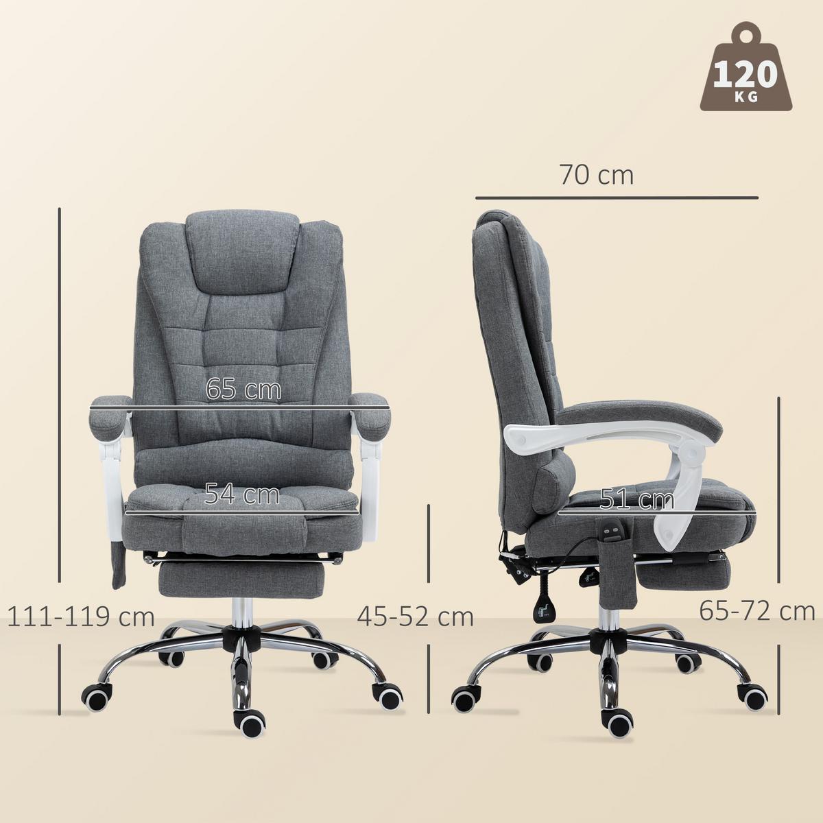 CHEFSESSEL mit Massagefunktion, Ergonomischer Schreibtischstuhl mit Liegefunktion - Silberfarben/Grau, Kunststoff/Textil (70/119/65cm) - Vinsetto