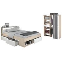 SCHLAFZIMMER-SET 2-teilig Akazie, weiß, Komplettset mit Stauraumbett (140 cm) und Kleiderschrank - Weiß/Akaziefarben, Holzwerkstoff (150/182/220cm) - Parisot Meuble