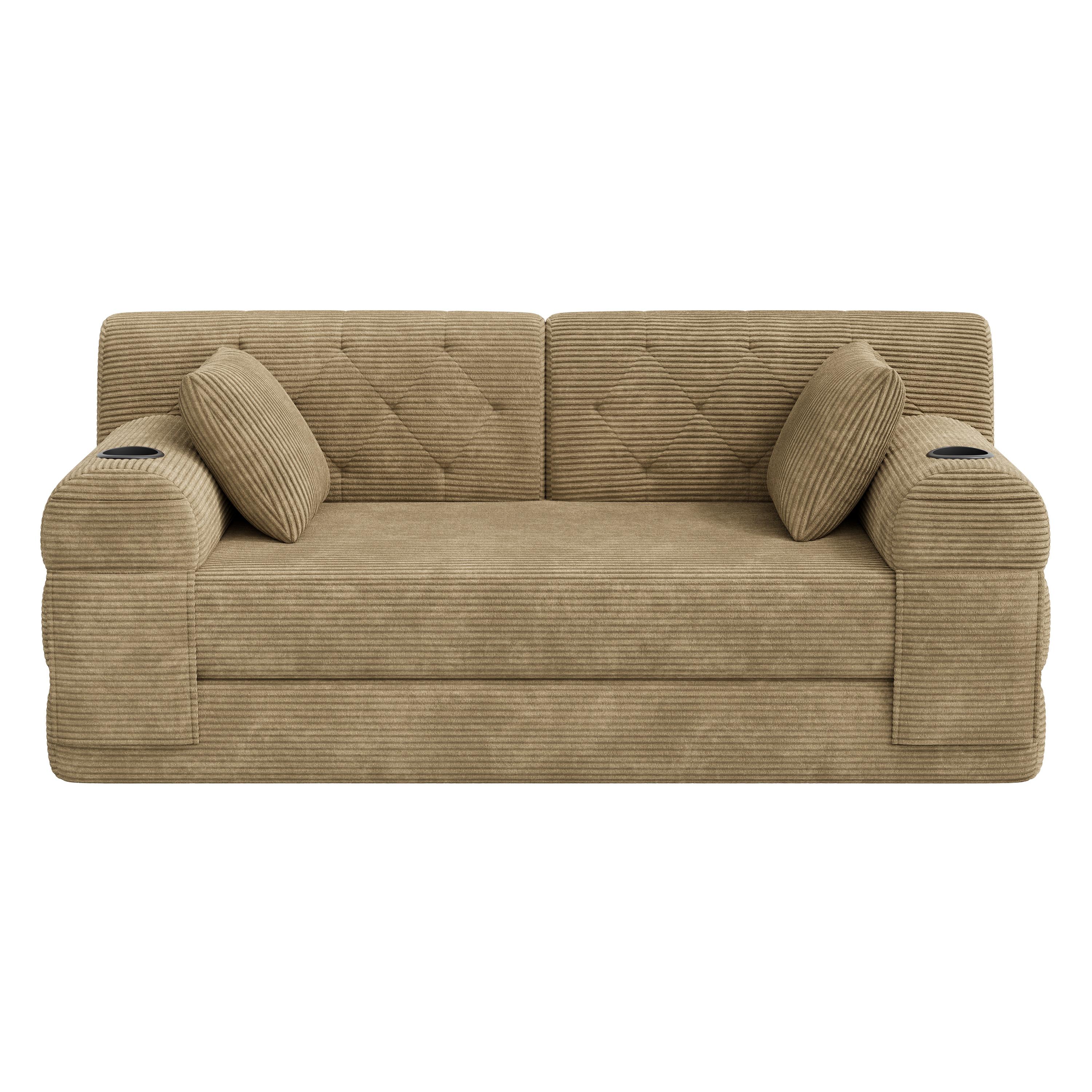 SCHLAFSOFA 2-Sitzer Cord mit Schlaffunktion, Getränkehalter & Taschen - Sandfarben, Textil (168/81/80cm) - Urban Meuble