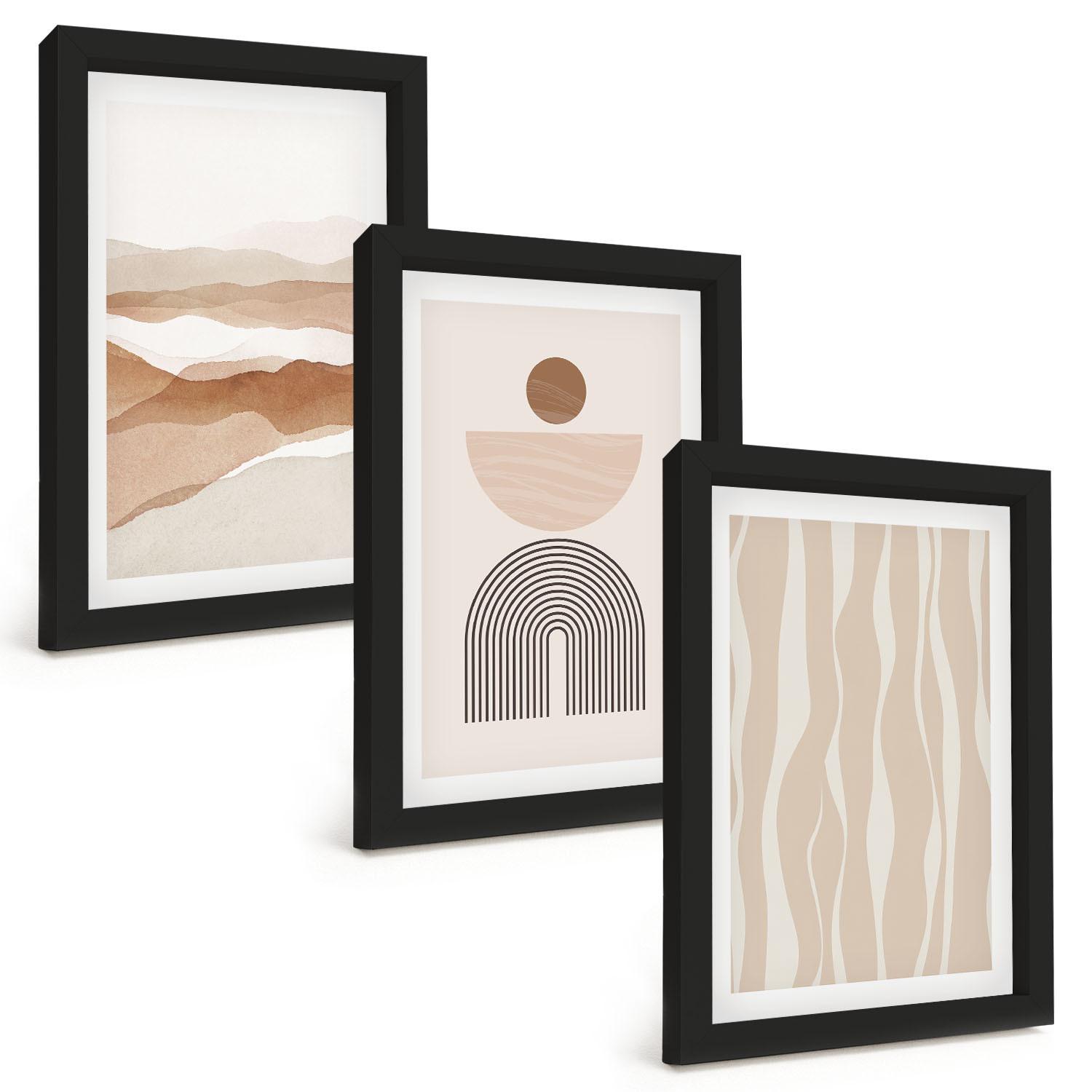 BILDER SET 3er Set - 20x30 cm Schwarzer Rahmen - Abstrakte Landschafts- und Naturgeometrie - Schwarz, Kunststoff (20/30cm) - TULUP