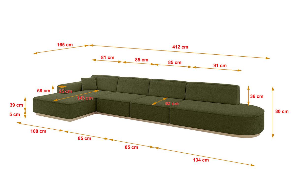 ECKSOFA Ottomane Links IREA-L3 - 412x165x80 cm Grün - Platinfarben, Holzwerkstoff/Textil (412/165cm) - ALTDECOR