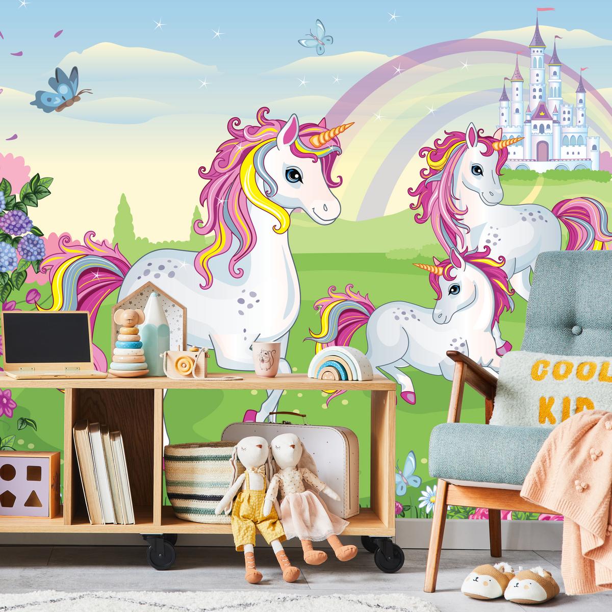 FOTOTAPETE für Kinderzimmer Einhorn Schloss Blumen Märchen 450x315 - Gelb/Violett, Papier (450/315cm) - Muralo