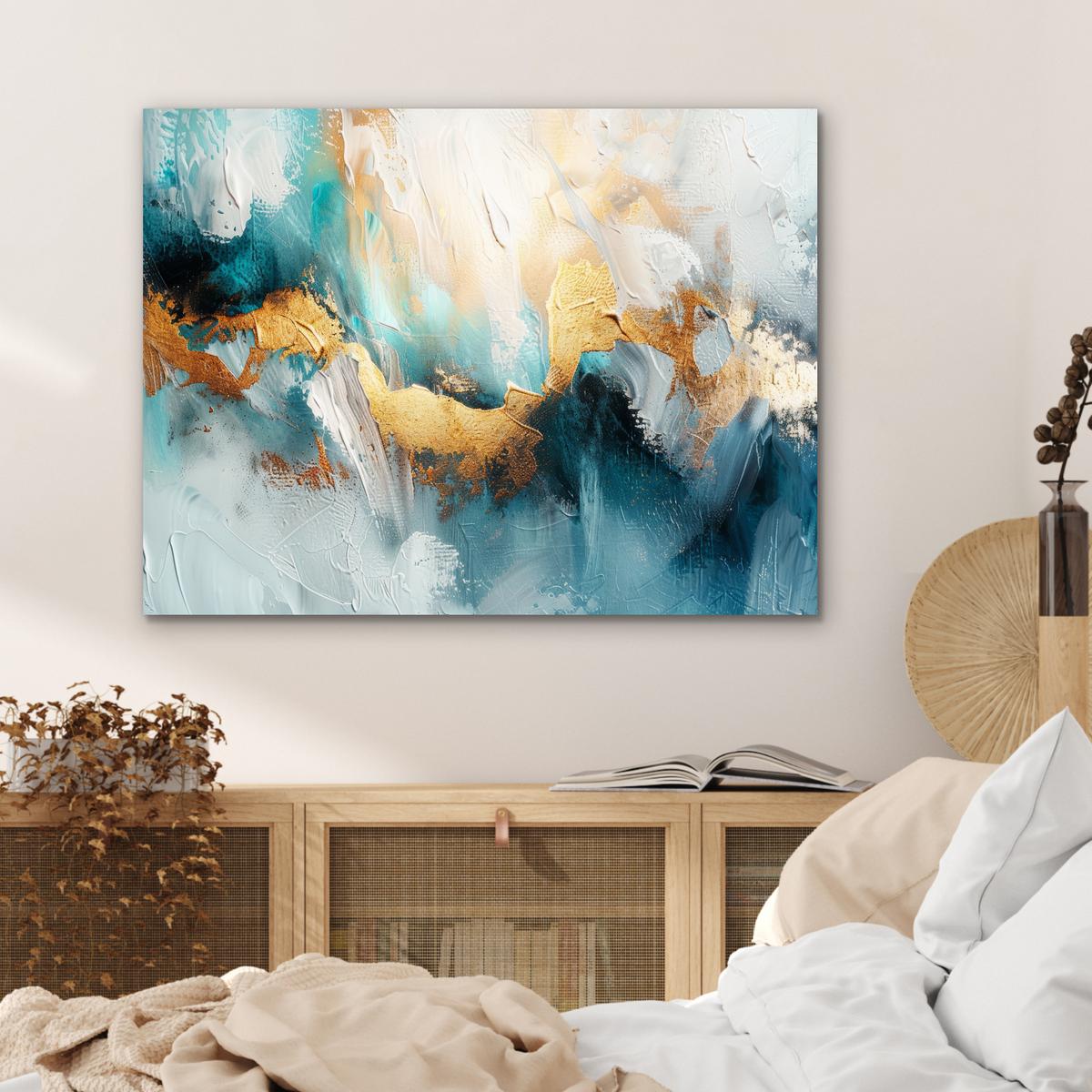 METALLBILD Abstrakt - Kunst - Gold - Blau 80x60 cm - Petrol, Metall (80/60cm) - MuchoWow
