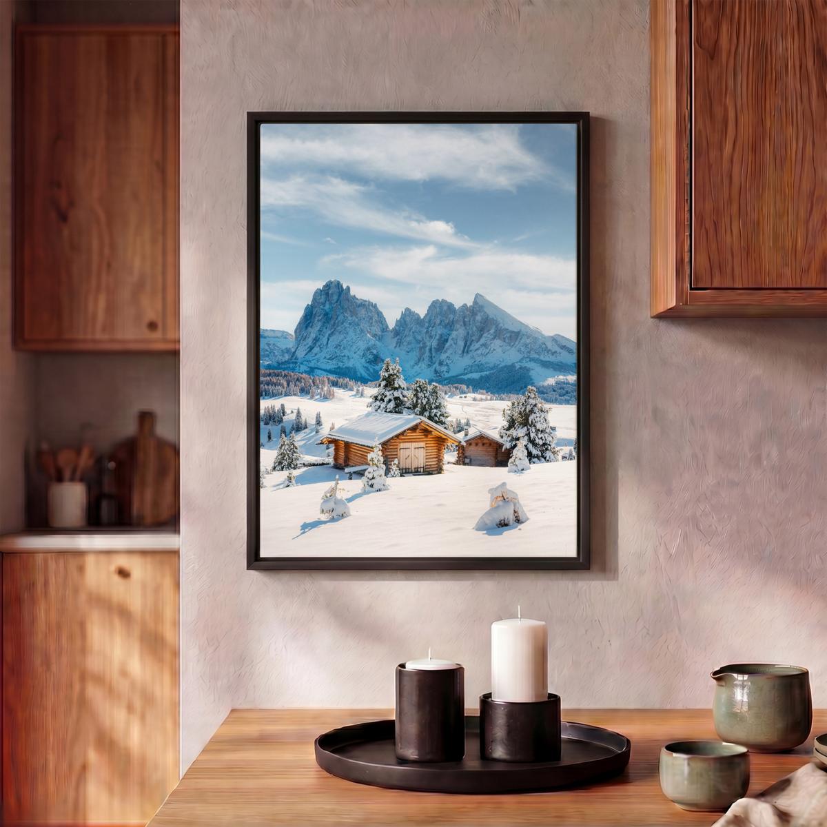 LEINWAND Bilder mit Rahmen - Winter - Hütte - Berge - Aussicht - Schnee - 30x40 - Eichefarben, Textil (30/40cm) - MuchoWow